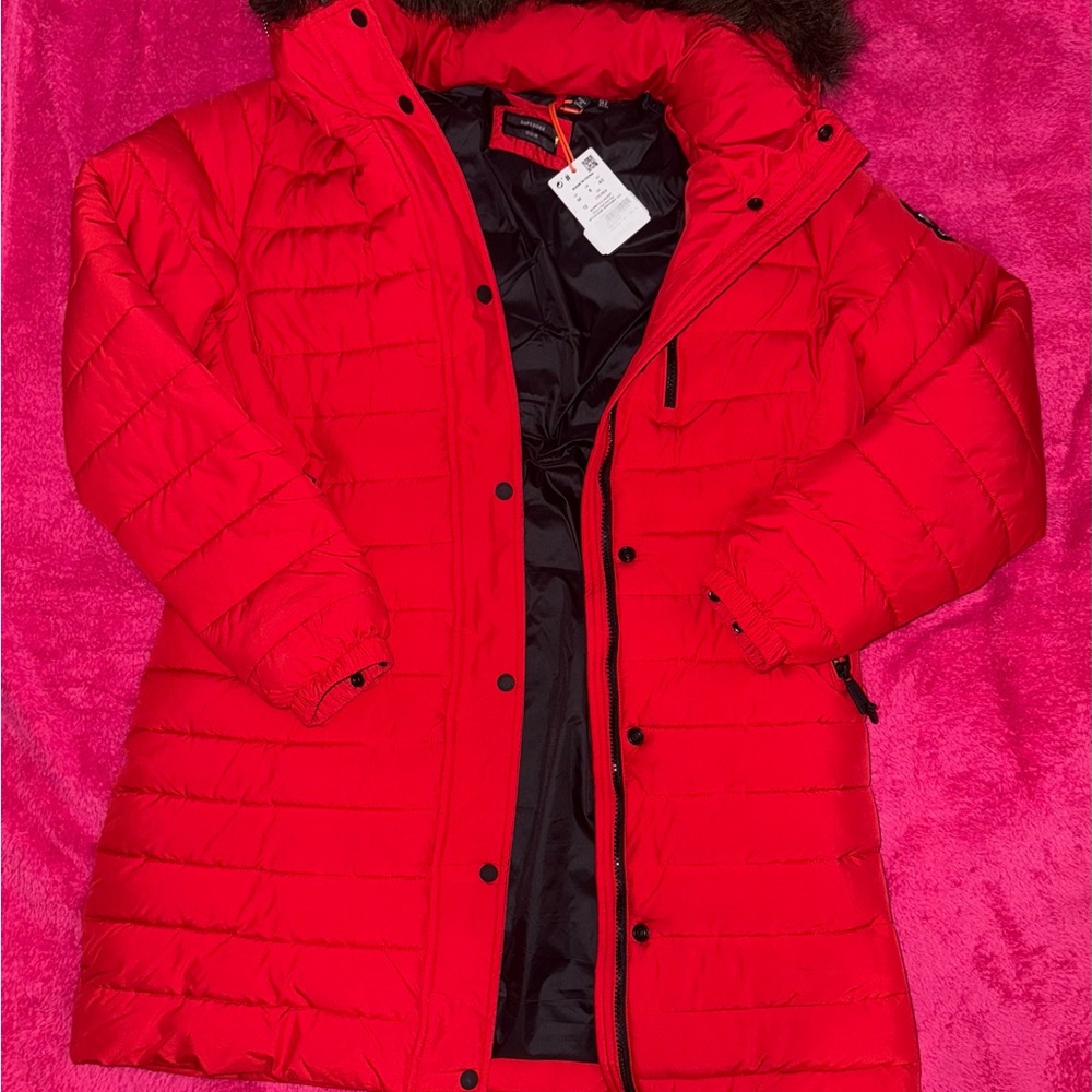 Superdry Red and Black Jacket with Fur Trim